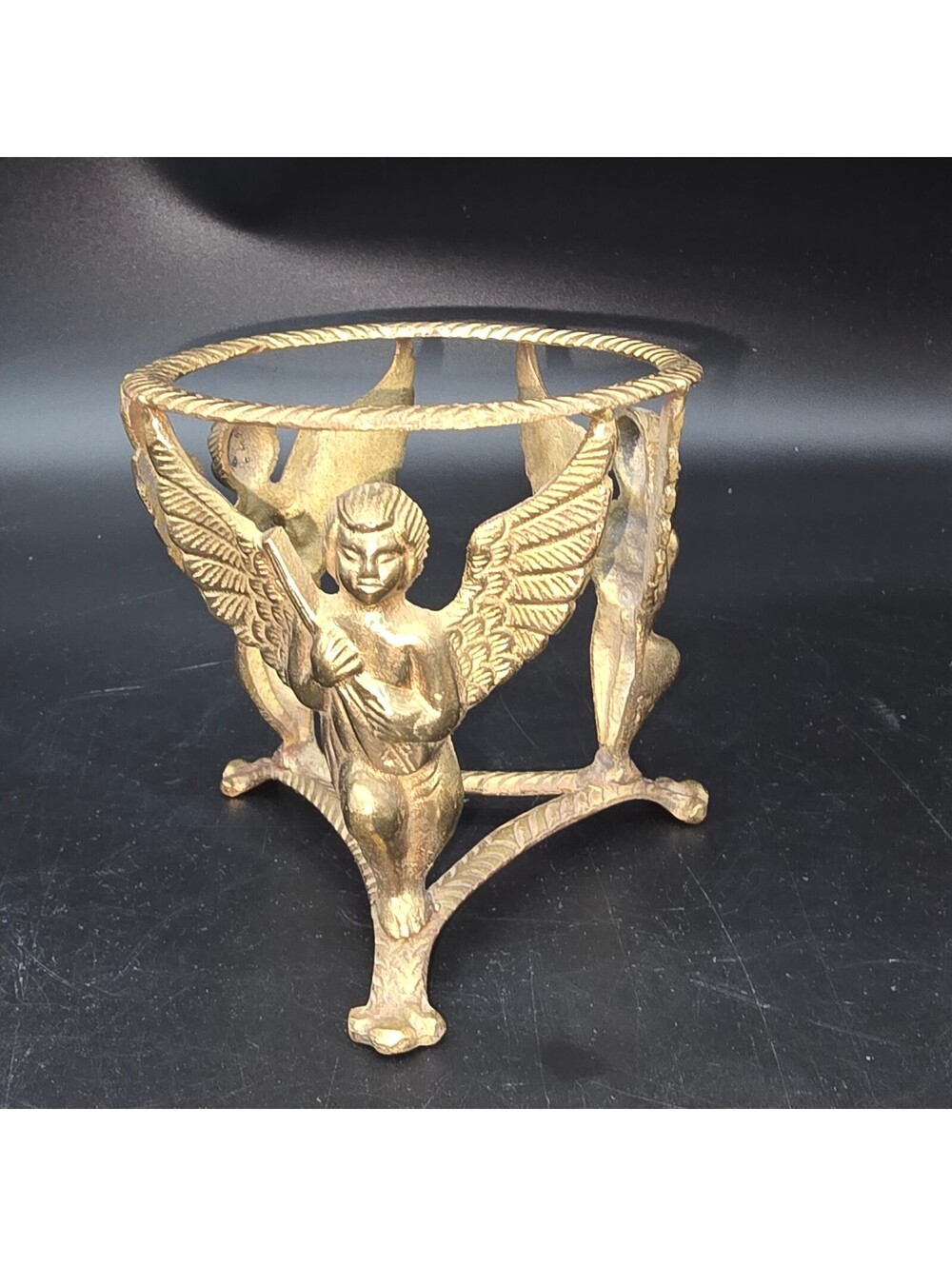 Vintage Hollywood Regency Brass Cherub Stand Angel Musical Tripod Candle Holder